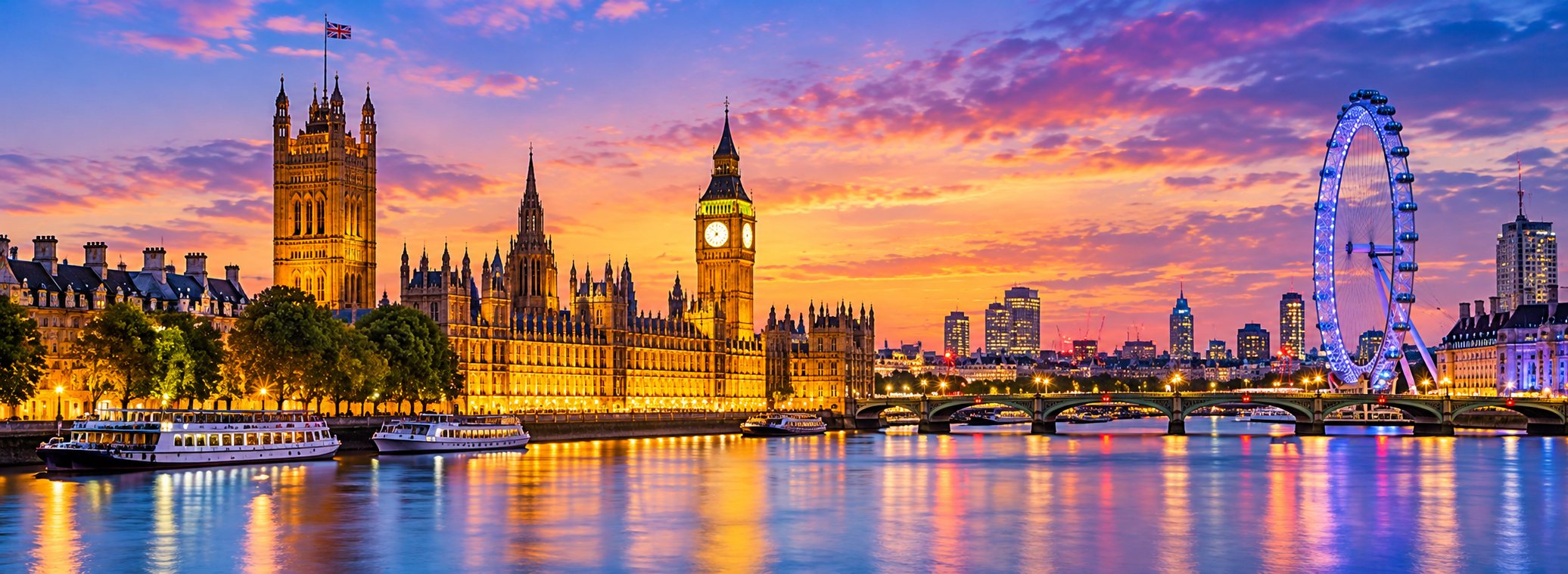 The Houses of Parliament and Elizabeth Tower beside the Thames at dusk