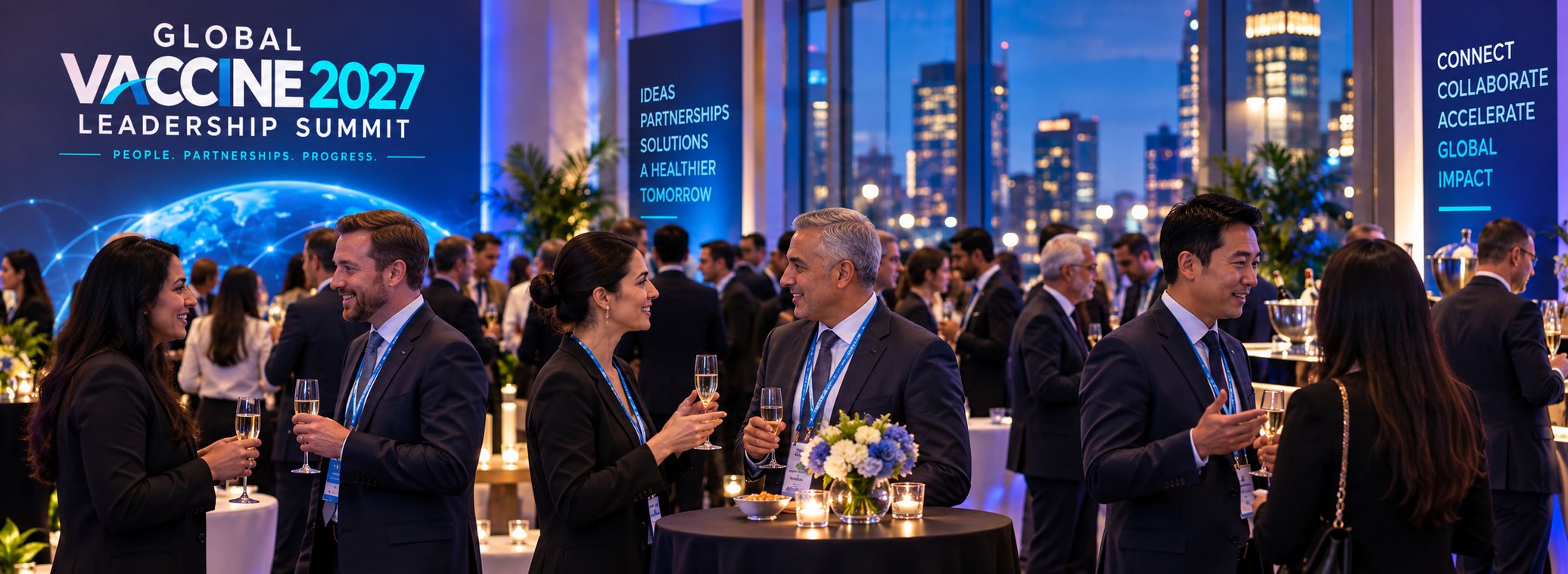 Delegates in conversation at an evening reception overlooking the city